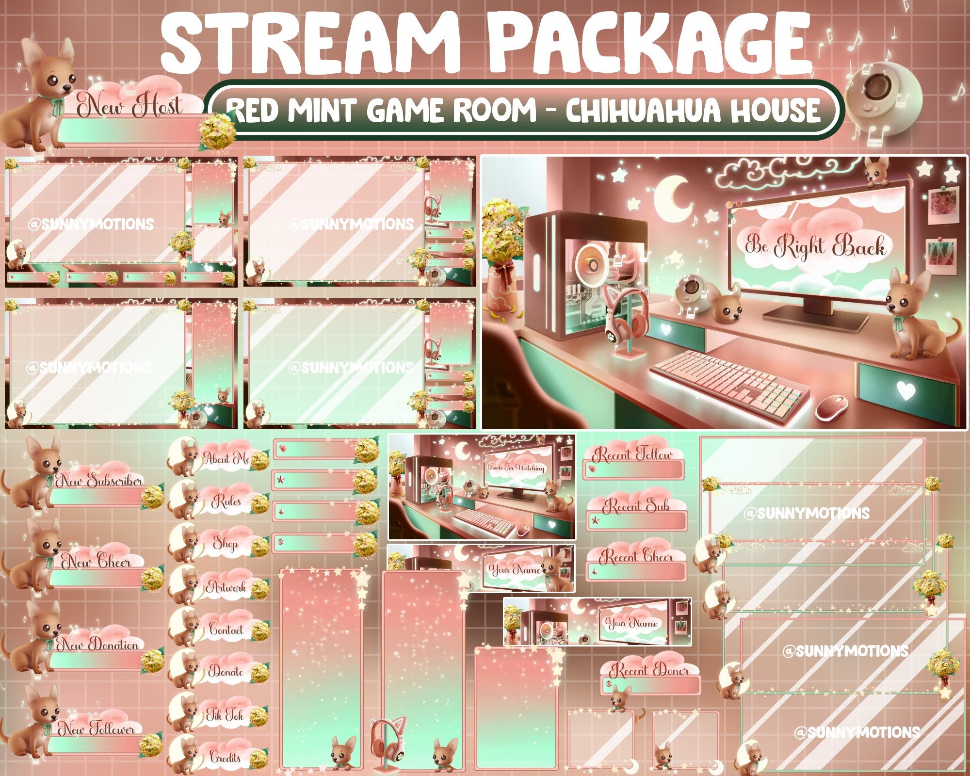 ANIMATED Twitch Overlay Stream Package / Lo-fi Aesthetic Red Mint PC Set Up Game Room / Retro Yellow Hydrangeas House / Chihuahua Dog Themed