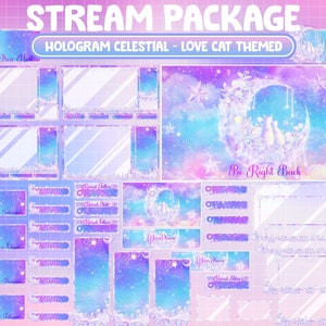 Animated Twitch Stream Package Overlay: Retro Lofi Aesthetic Galaxy Celestial / Kawaii Crystal Moon / Rose Valentine&#39;s Day / Love Couple Cat