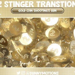 Puede incluir: Una imagen de primer plano de una pila de monedas de oro con signos de dólar en ellas. Las monedas caen desde la parte superior de la imagen y están enfocadas. El fondo es un patrón de cuadrícula marrón claro. El texto "2 STINGER TRANSITION" y "GOLD COIN SHOOTING'S GUN" está en la parte superior de la imagen.