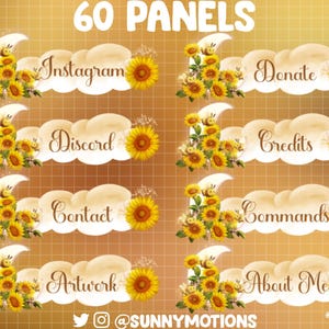 Puede incluir: 60 paneles con un tema de girasol y abeja. Los paneles presentan texto como "Instagram", "Donar", "Discord", "Créditos", "Contacto", "Comandos", "Arte" y "Acerca de mí".