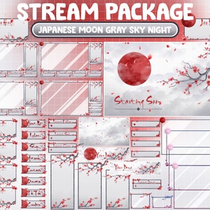 May include: A digital streaming overlay pack with a Japanese theme. The design features a red moon, cherry blossom branches, and a grey sky. Text includes "Stream Package" and "Japanese Moon Gray Sky Night."