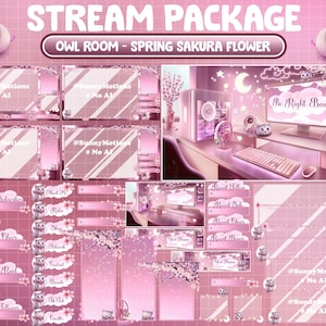 ANIMATED Twitch Overlay Stream Package: Lo-fi Aesthetic Pink Spring Sakura Cherry Blossom Room, Cozy Lover Game Room, Cute Owl Scene Alert