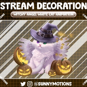 May include: A white cat wearing a witch's hat and angel wings, surrounded by jack-o'-lanterns. The text "Witchy Angel White Cat Animation" is displayed above the cat.
