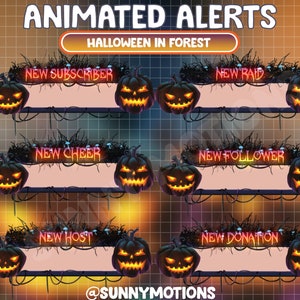 6x Animated Alerts Halloween Twitch Stream / Moon Witch Gothic Pumpkin Ghost / Glowing Spirit Eve Spooky Dark Forest / Fireflies / Mushroom
