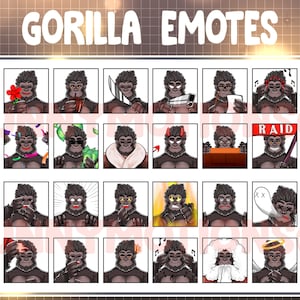 Könnte beinhalten: Ein Set mit 36 digitalen Gorilla-Emojis, die verschiedene Ausdrücke und Aktionen zeigen, darunter ein Gorilla, der ein Herz hält, ein Gorilla mit einer Krone, ein Gorilla mit einem Heiligenschein und ein Gorilla mit einem roten Schild, auf dem "RAID" steht.