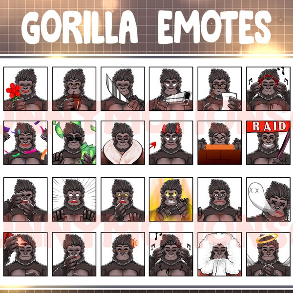 Cute Chibi Kawaii Gorilla Twitch Discord Emotes / Kawai Animal Emoji / Subscriber / Loyalty Sub Bit Badges / Channel Points / Monkey Emotes