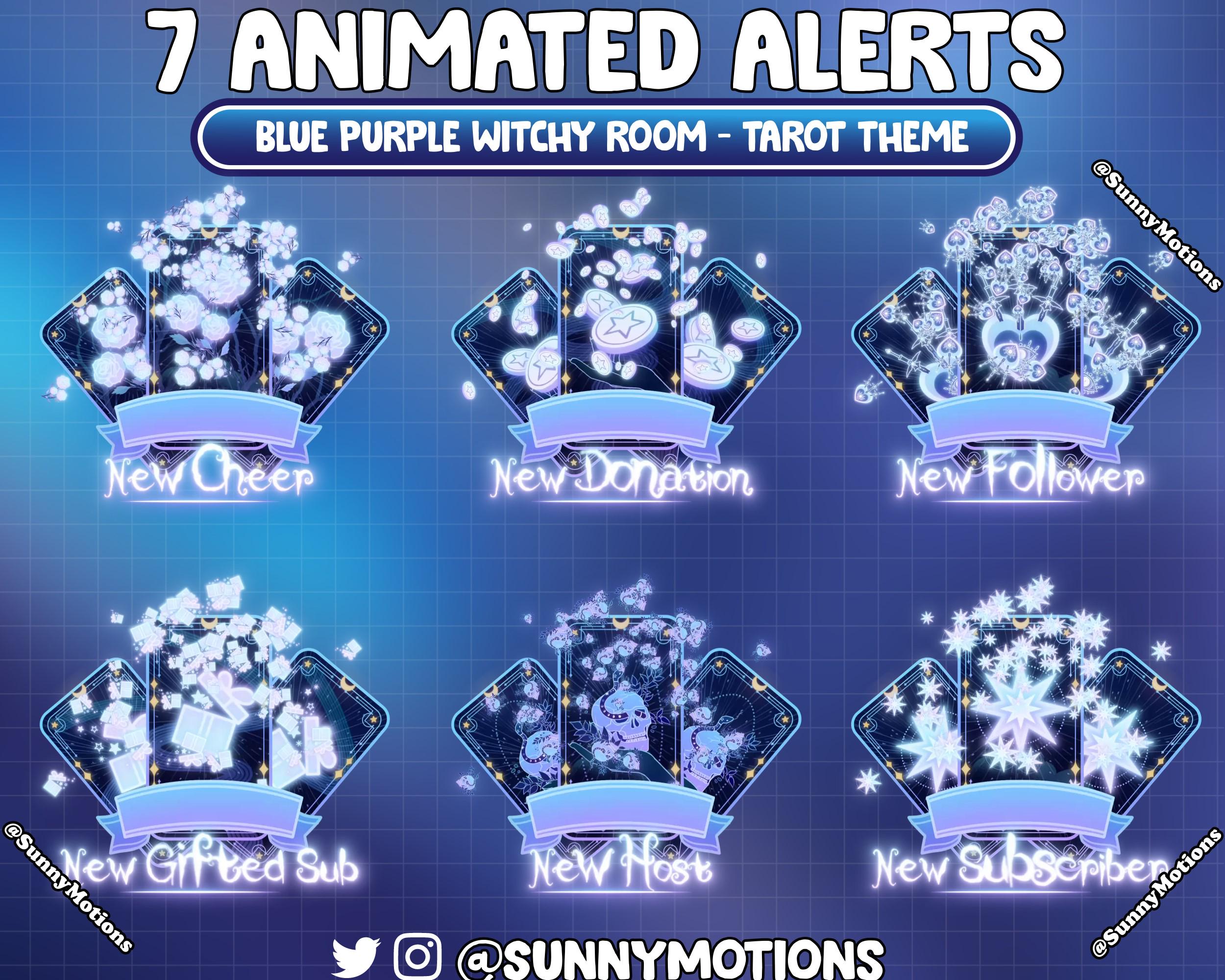 7 Blue Animated Tarot Cards Twitch Alerts, Witchy Aesthetics Celestial Alerts, Stream Overlay Youtube Kick Discord Vtuber Gifts, Sub, Raid..
