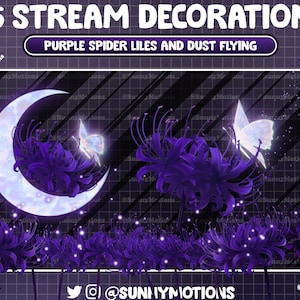 Animated Stream Decoration: Aesthetic Dark Purple Spider Lilies Flower, Violet Floral Starry Night Game Room Butterfly Flying Twitch Overlay