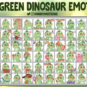60x Cute Chibi Green Dinosaur Twitch Emotes, Discord, Streamer, Kawai Dino Emoji, Subscriber Loyalty Sub Bit Badges, Monster, Dragon, T-rex