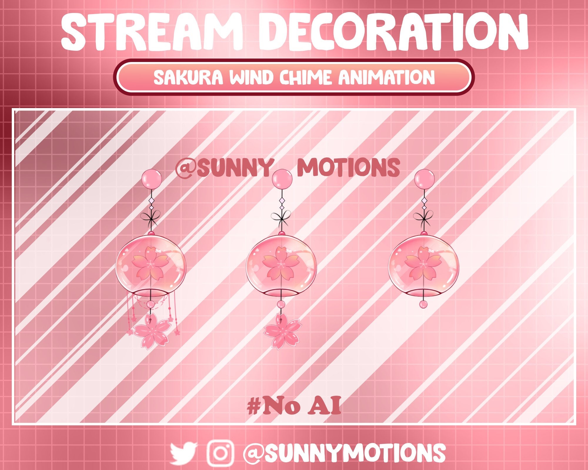 Animated Twitch Stream Decoration Animal: Kawaii Cozy Pink Sakura Cherry Blossom Wind Chime, Lo-fi Aesthetic Spring Wind Bell Twitch Overlay