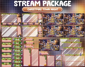 FULL ANIMATED Twitch Stream Overlay Package / Christmas Night At The Town / Aesthetic Xmas Village / Cozy Noel / New Year Panels, Alerts