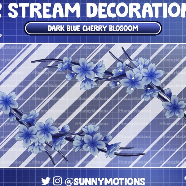 4 Animated Stream Decoration: Kawaii Pastel Spring Japanese Cherry Blossom Twitch Overlay, Dark Blue Sakura Flower, Aesthetic Vtuber-Asset