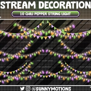 May include: Stream decoration featuring 10 chili pepper string lights. The design includes multiple strands of lights with green, purple, and orange chili pepper-shaped lights. The background is a dark gray grid pattern with the text "STREAM DECORATION".