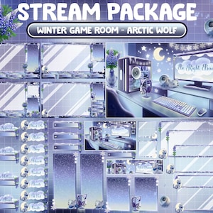 May include: A purple and blue winter themed Twitch stream package featuring a white wolf and snowflakes. The package includes a variety of overlays, panels, and alerts. The text "STREAM PACKAGE" and "WINTER GAME ROOM - ARCTIC WOLF" is displayed at the top of the image. The text "Be Right Back" is displayed on a screen in the background.