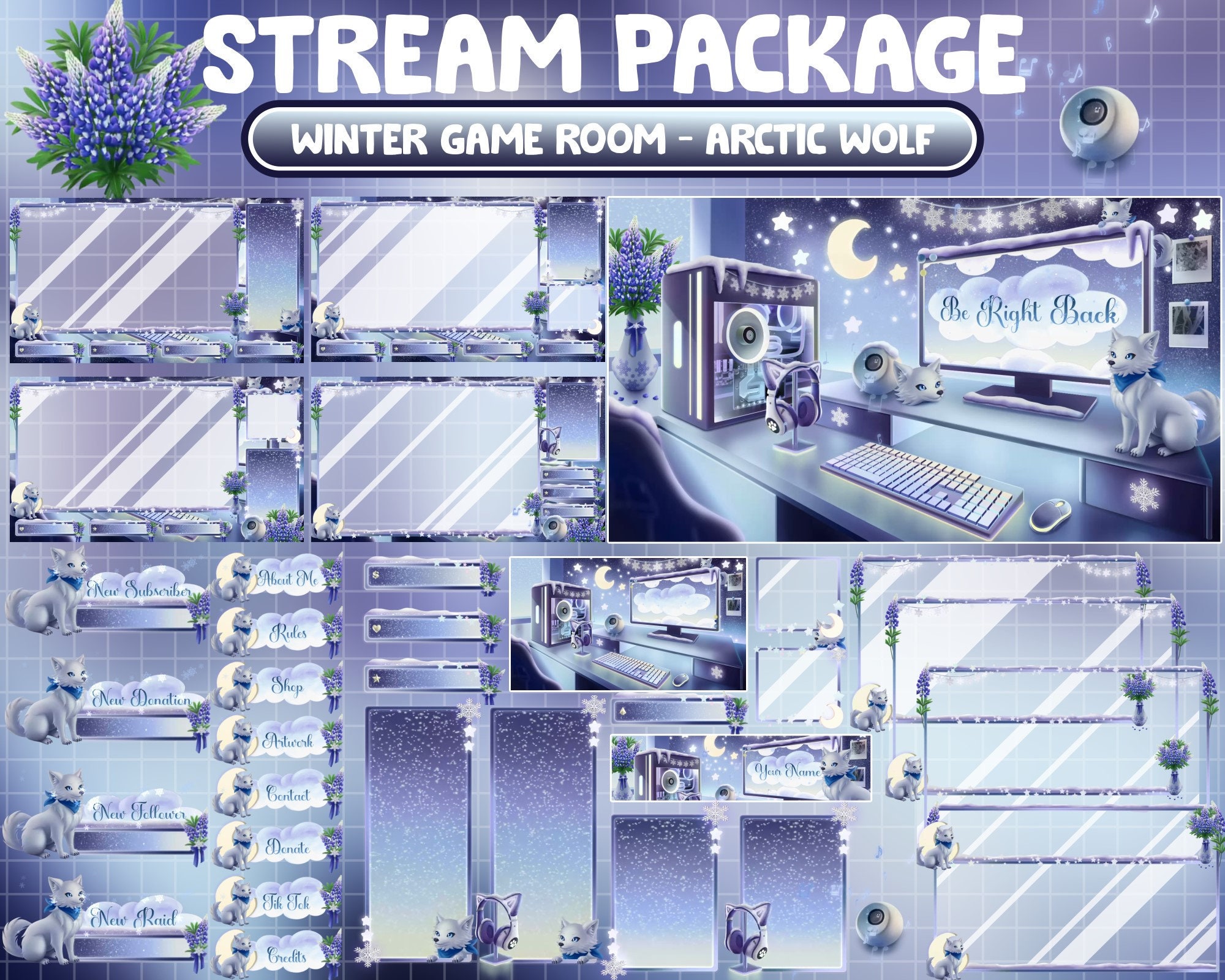 Animated Twitch Stream Package Overlay / Winter PC Game Room / Snow Falling / Cozy Aesthetic Christmas Night / Arctic Wolf / Lupine Flowers