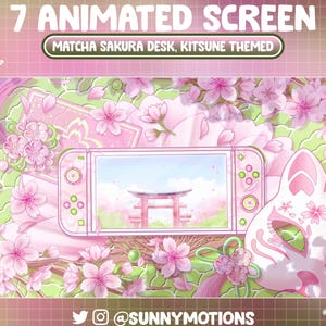 Puede incluir: Una consola Nintendo Switch rosa y blanca con un tema de flores de cerezo, rodeada de flores rosas y una máscara Kitsune. El texto dice "7 Animated Screen" y "Matcha Sakura Desk, Kitsune Themed."