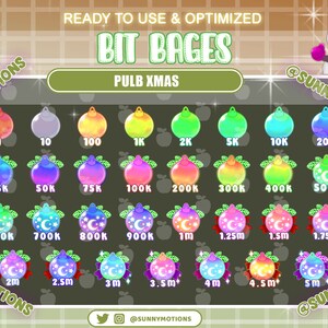 May include: A set of 20 Christmas-themed bit badges, featuring a variety of colors and designs. The badges are shaped like ornaments and feature different numbers of bits, ranging from 1 to 5 million. The badges are perfect for use on Twitch or other streaming platforms.