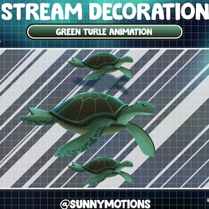 Puede incluir: Animación de tortuga marina verde para streaming. La tortuga nada en un patrón de rayas azules y blancas. El texto "GREEN TURTLE ANIMATION" se muestra en un cuadro verde.