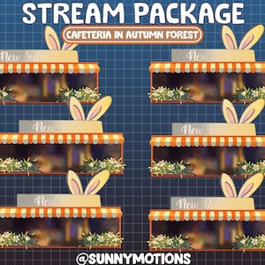 Puede incluir: Seis superposiciones de transmisi&oacute;n de Twitch animadas con un tema de cafeter&iacute;a de dibujos animados. Cada superposici&oacute;n presenta un toldo blanco con rayas naranja y blancas, una ventana con un fondo borroso y un conejo blanco con orejas rosas. El texto "New Sub", "New", "New Follow", "New Donation" y "New Gift" se muestra en las superposiciones.