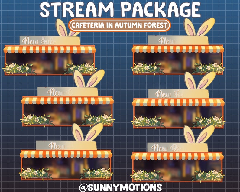 Puede incluir: Seis superposiciones de transmisi&oacute;n de Twitch animadas con un tema de cafeter&iacute;a de dibujos animados. Cada superposici&oacute;n presenta un toldo blanco con rayas naranja y blancas, una ventana con un fondo borroso y un conejo blanco con orejas rosas. El texto "New Sub", "New", "New Follow", "New Donation" y "New Gift" se muestra en las superposiciones.