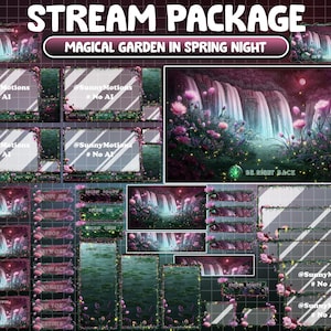 ANIMATED Stream Package: Magical Glowing Pink Green Floral Garden, Waterfall, Mystical Peony Sakura Forest, Mesmerizing Night Twitch Overlay