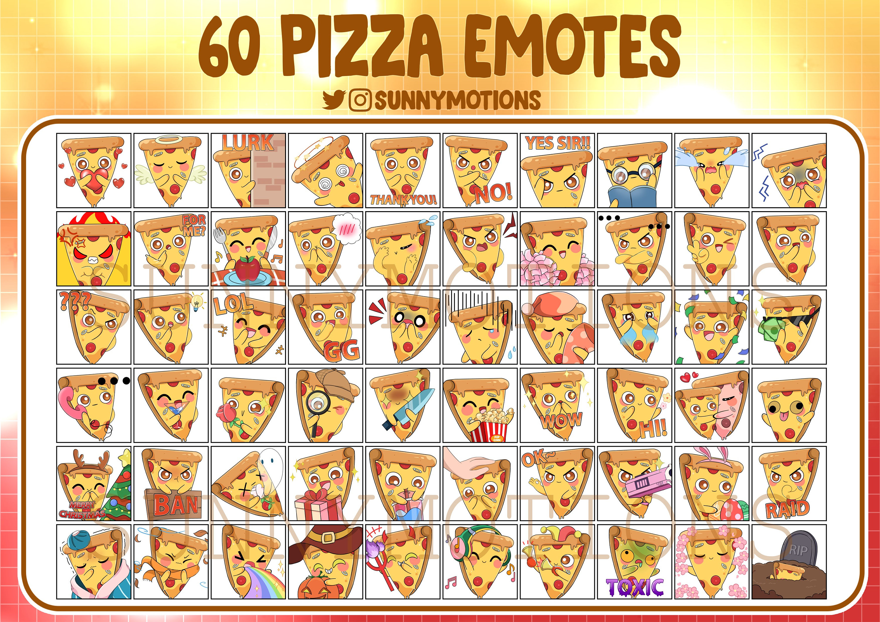 Food Emotes 60 Cute Pizza Twitch Emotes, Discord, Streamer, Kawai Yummy Pizza Slice ...