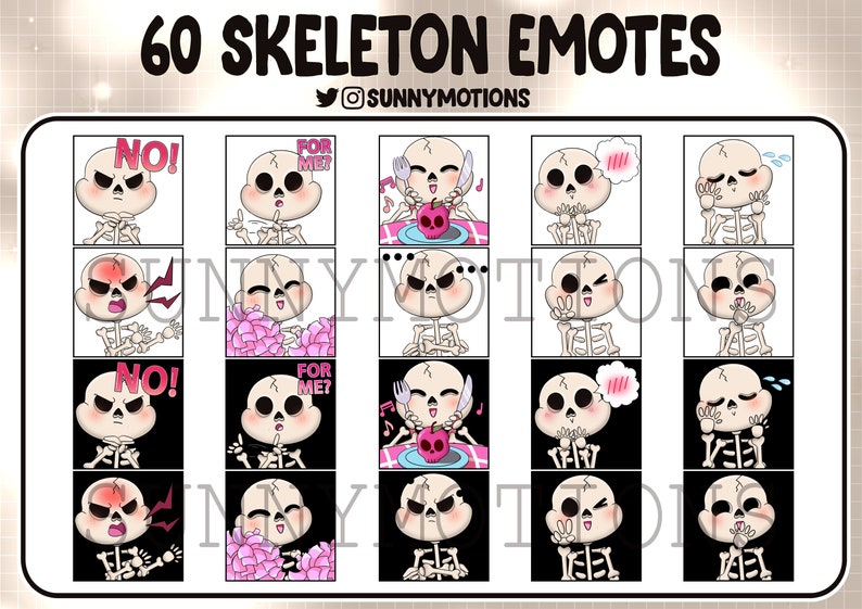 60 Cute Skeleton Twitch Emotes Bundle, Discord, Streamer, Kawai Funny ...