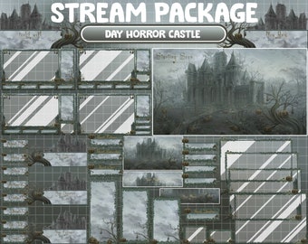 Geanimeerde Twitch Stream-pakketoverlay / Dag Halloween-kasteel / Spookhuis / Heksenkerken / Gotisch, Spookachtig, Vleermuizen, Pompoen, Skelet