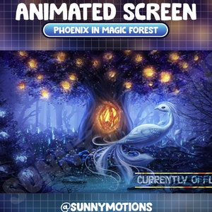 ANIMIERTES Twitch Stream Screen Overlay / Spirit Phoenix In Light Magical Forest / Ästhetischer blauer Rosenbaum / Gemütlicher Mond / Glühwürmchen / Pilz
