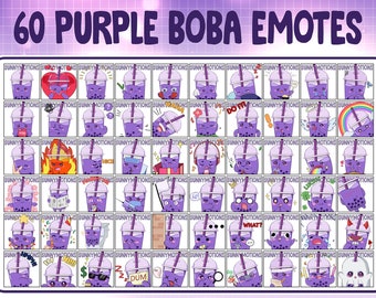 60x Cute Chibi Purple Taro Milk Tea Emoji, Bubble Tea Twitch emotes, Boba Drink Streamer Discord Emotes, Sub Bit Badges, Twitch Overlay