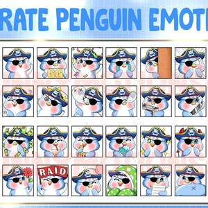 May include: A set of 36 digital pirate penguin emotes featuring a variety of expressions and actions. The emotes are designed in a cartoon style with a blue and white colour scheme.