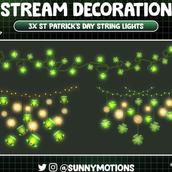 3 décorations animées : guirlande lumineuse esthétique de la Saint-Patrick, feuilles de trèfle, pièce d'or, haut-de-forme porte-bonheur, superposition de mouvement vert fête