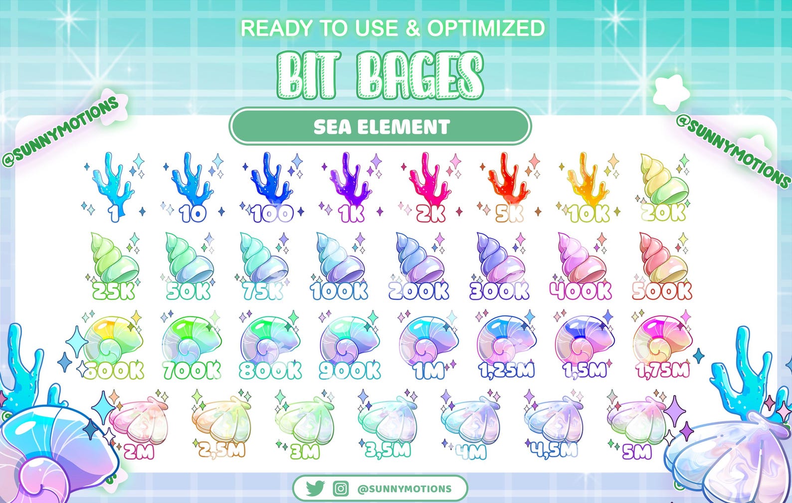 31 Colorful Coral, Sea Snail Number Complete Twitch Tier Bit Badges Set ...