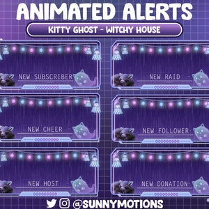 May include: Animated Twitch alerts featuring a cartoon kitty ghost in a witchy house setting. The alerts are for new subscriber, raid, cheer, follower, host, and donation.