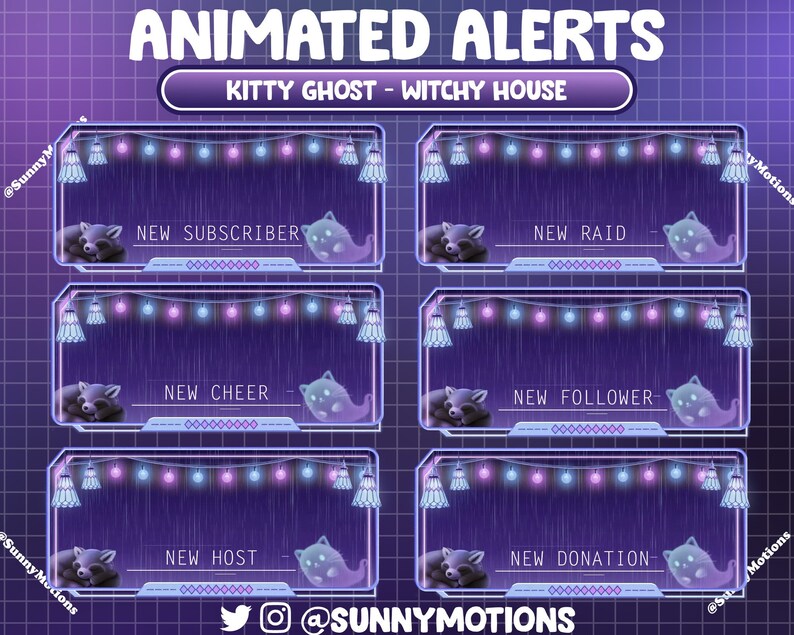 May include: Animated Twitch alerts featuring a cartoon kitty ghost in a witchy house setting. The alerts are for new subscriber, raid, cheer, follower, host, and donation.