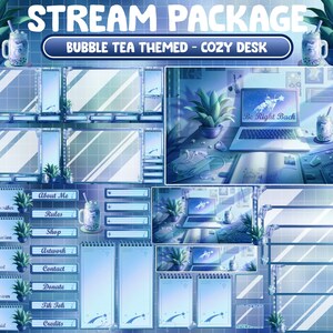 Puede incluir: Un paquete de transmisión de Twitch de temática azul y blanca con un ambiente de escritorio acogedor. El paquete incluye varias superposiciones, paneles y alertas para el canal de un streamer. El tema presenta un diseño de té de burbujas con estrellas y una computadora portátil con el texto "Be Right Back".