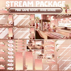 ANIMATED Twitch Overlay Stream Package: Lo-fi Aesthetic Pink Brown PC Set Up Game Room, Retro Pink Roses Plant House, Sweet Valentine Themed