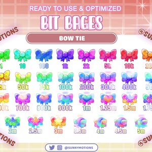 May include: A set of 20 colourful bow tie badges for Twitch, YouTube, or other streaming platforms. The badges feature different amounts of bits, ranging from 1 to 5 million. The badges are designed in a cute, cartoon style with a watercolour effect.