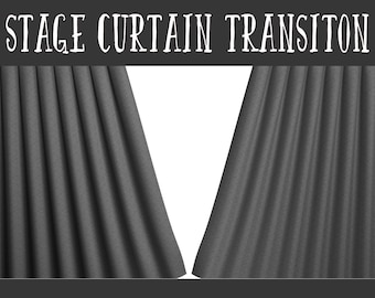 May include: A pair of dark gray stage curtains are pulled back to reveal a white background. The curtains are made of a textured fabric and have a slight sheen. The text "STAGE CURTAIN TRANSITION" is written in white letters across the top of the image.