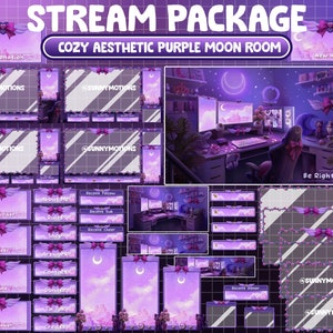 ANIMATED Twitch Overlay Stream Package: Lo-fi Vibe Aesthetic Plant Room / Neon Purple Moon Wall Girl / Black Cat / Rose Flower / Angle Wings