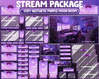 ANIMATED Twitch Overlay Stream Package: Lo-fi Vibe Aesthetic Plant Room / Neon Purple Moon Wall Girl / Black Cat / Rose Flower / Angle Wings