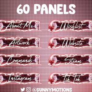 May include: A digital graphic featuring 60 panels with a red and white design. Each panel has a white border and includes text such as "About Me," "Wishlist," "Artwork," "Website," "Commands," "Steam," "Instagram," and "Tik Tok."