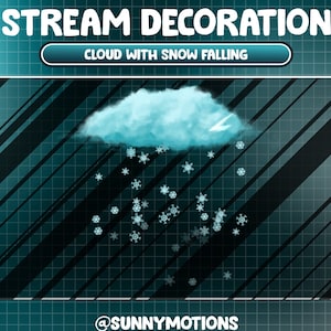 Puede incluir: Una nube azul con un rayo blanco y copos de nieve que caen de ella. El fondo es una cuadrícula azul oscuro con rayas negras diagonales. El texto "CLOUD WITH SNOW FALLING" se muestra en un cuadro blanco sobre la nube. El texto "@SUNNYMOTIONS" se muestra en la parte inferior de la imagen.
