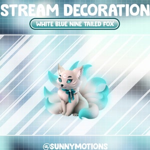 May include: White blue nine-tailed fox illustration with a crescent moon on its forehead and a blue bow tie. The fox is sitting on a white and blue grid background. The text "WHITE BLUE NINE TAILED FOX" is in a white box above the fox. The text "@SUNNYMOTIONS" is at the bottom of the image.
