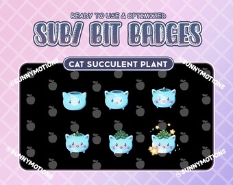May include: Set of six animated Twitch chat badges featuring a blue cat succulent plant in a pot. The badges are in different stages of growth, with some having a small green plant, others with a larger plant, and one with a glowing star effect.