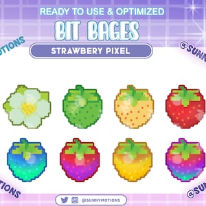 8x Cute Pixel Strawberry Sub Bit Badges, Blossom Flower Fruit Twitch Overlay / Cute Kawaii Strawberries Cheer Badges For Streamer, Discord