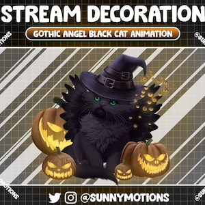 Animated Stream Decoration Kawaii Cute Halloween Black Kitty, Lo-fi Aesthetic Gothic Angle Cat, Dark Devil Witchy Pumpkin Cat Twitch Overlay