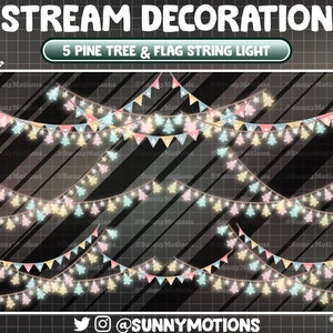 Puede incluir: Guirnaldas de luces decorativas con diseños de árboles de pino y banderas. El texto "STREAM DECORATION" y "5 PINE TREE & FLAG STRING LIGHT" se muestran. Múltiples hileras de luces sobre un fondo oscuro.