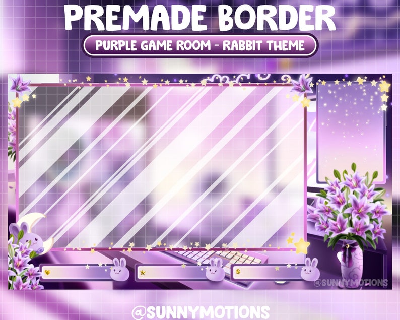 May include: Purple and white striped background with a purple border. The border has a glass-like effect with a blurred background. The border is decorated with stars, a crescent moon, and a rabbit. The text "PREMADE BORDER" is at the top of the image. The text "PURPLE GAME ROOM - RABBIT THEME" is in a purple box below the first text. The text "@SUNNYMOTIONS" is at the bottom of the image.