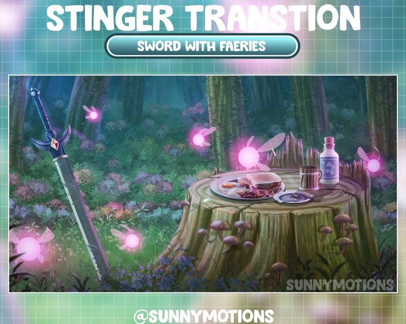 Animated Stream Stinger Transition / Warrior Fantasy Sword Twitch Overlay / Magical Fairy Theme / Pink Faeries / Dust In Forest Night Time image 1